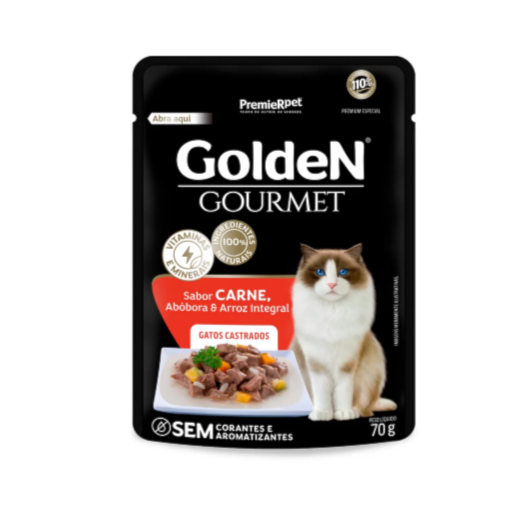 Ração Úmida Sachê Golden Gourmet para Gatos Castrados Sabor Carne 70g