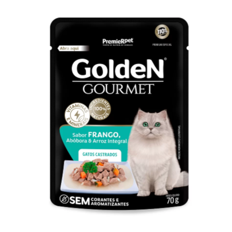 Ração Úmida Sachê Golden Gourmet para Gatos Castrados Sabor Frango 70g
