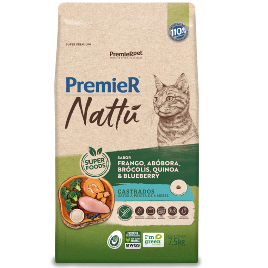 Ração Premier Nattu para Gatos Adultos Castrados Sabor Abóbora 7.5kg