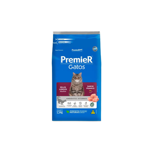 Ração Premier para Gatos Adultos de Pelos Longos Sabor Frango 1,5kg