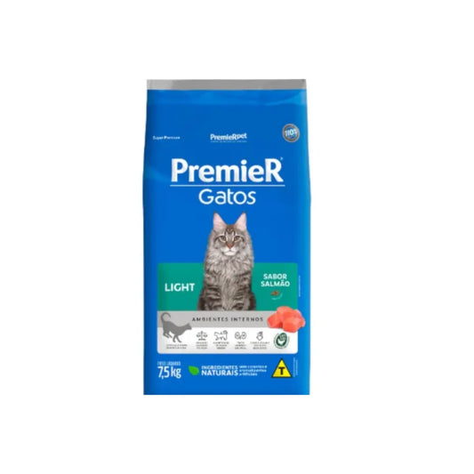 Ração Premier Ambientes Internos Light para Gatos Adultos Sabor Salmão 7,5kg