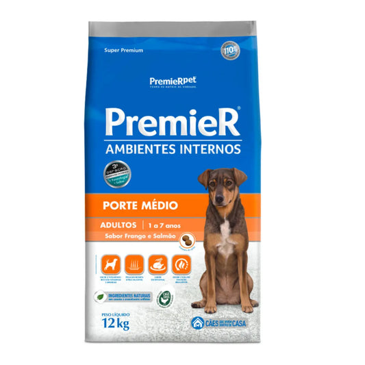 Ração Premier Ambientes Internos para Cães Adultos de Médio Porte Sabor Frango e Salmão 12kg