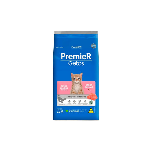 Ração Premier Pet Ambientes Internos Gatos Filhotes Pelos Longos Salmão