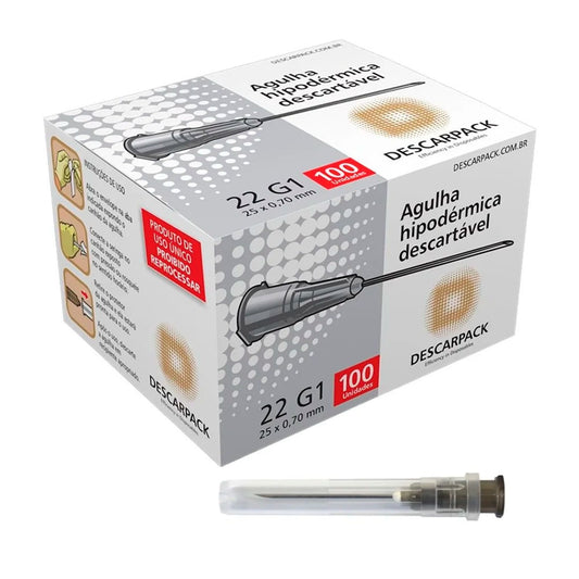 Agulha Hipodérmica Descartável 25 x 0.70 - 22G - Caixa com 100 unidades